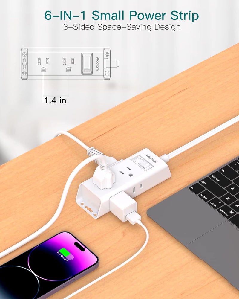 Addtam Cruise Ship Essentials, Flat Plug Power Strip, 1 ft Ultra Flat Extension Cord with 6 Outlets Extender, No Surge Protector for Cruise Ship, Travel, Dorm, Home Office, ETL Listed - Image 2